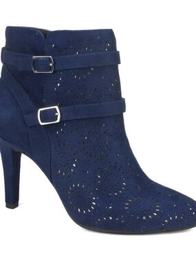 Rialto Navy Blue Suede Ankle Boot with Buckle Straps. NEW.